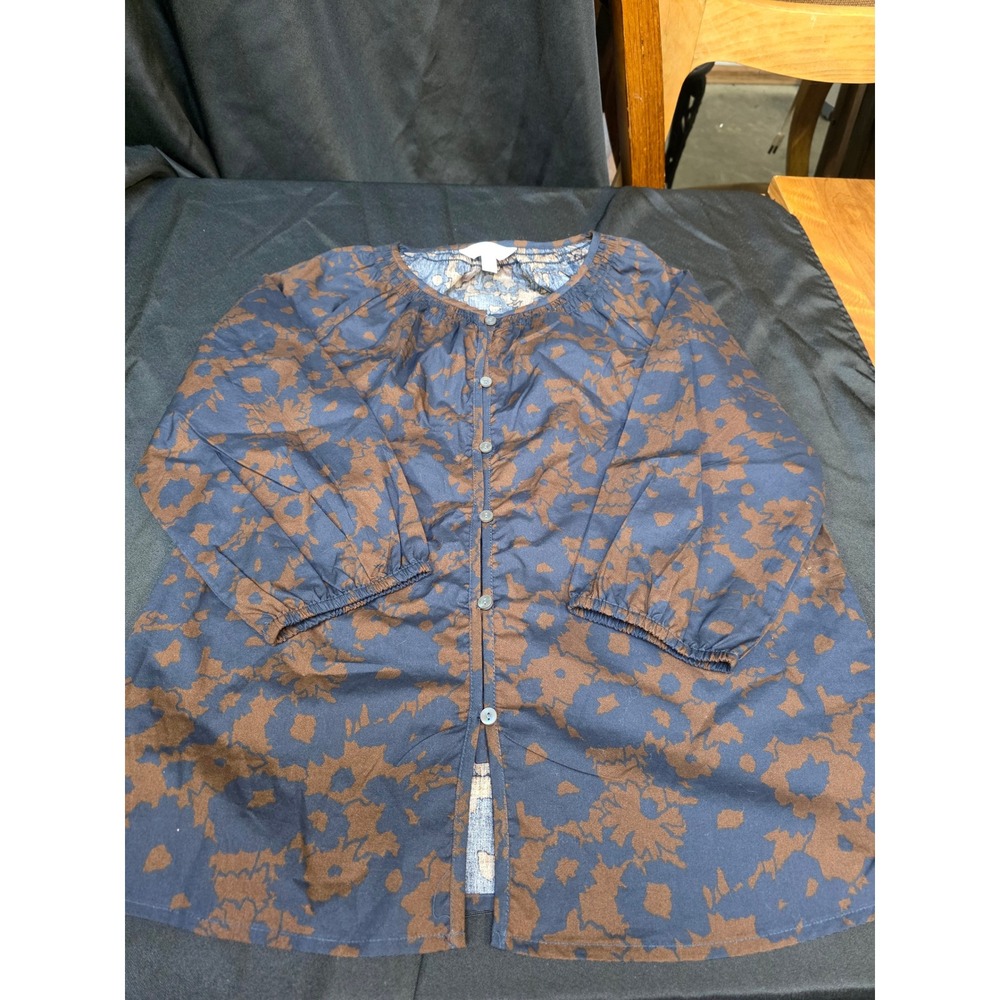 Time and Tru Womens XS Navy Brown Floral Smocked 3/4 Sleeve Button Front Blouse